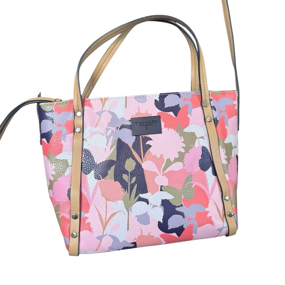 Tahari Mackenzie Floral Butterfly Satchel Crossbody Handbag Pink Multi